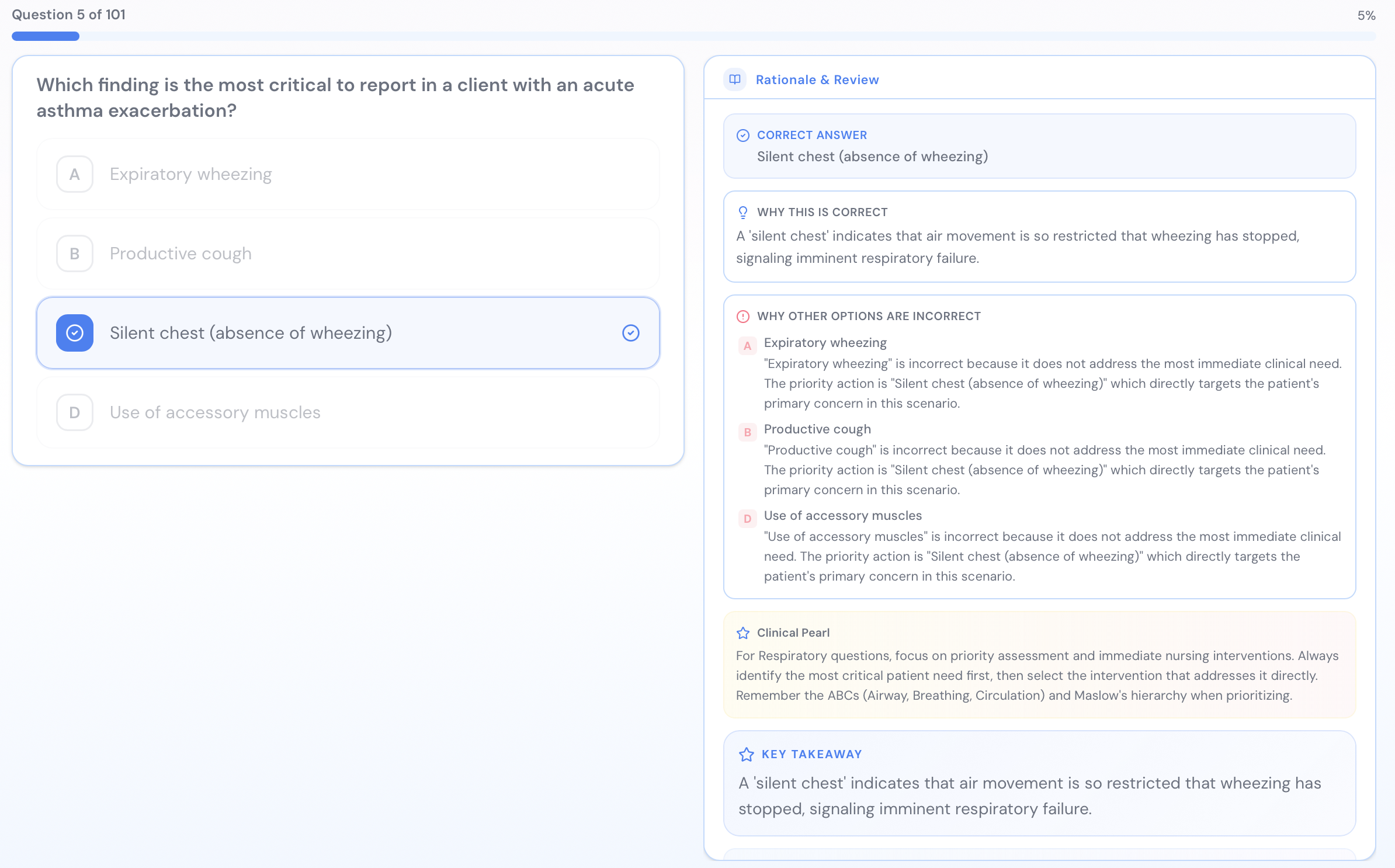 NurseNest CAT exam mode showing a single question in a minimal, clinical layout with answer options and a slim progress bar.